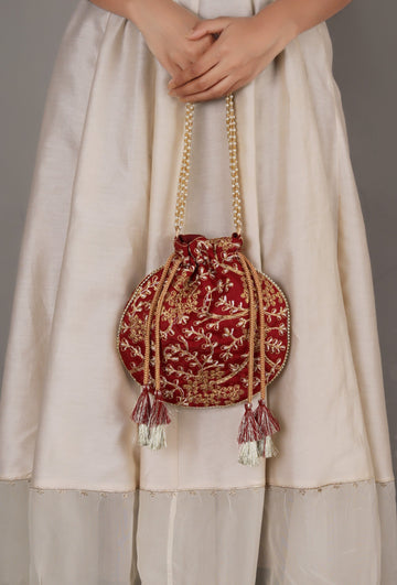Ruby Maroon Embroidered Silk Potli